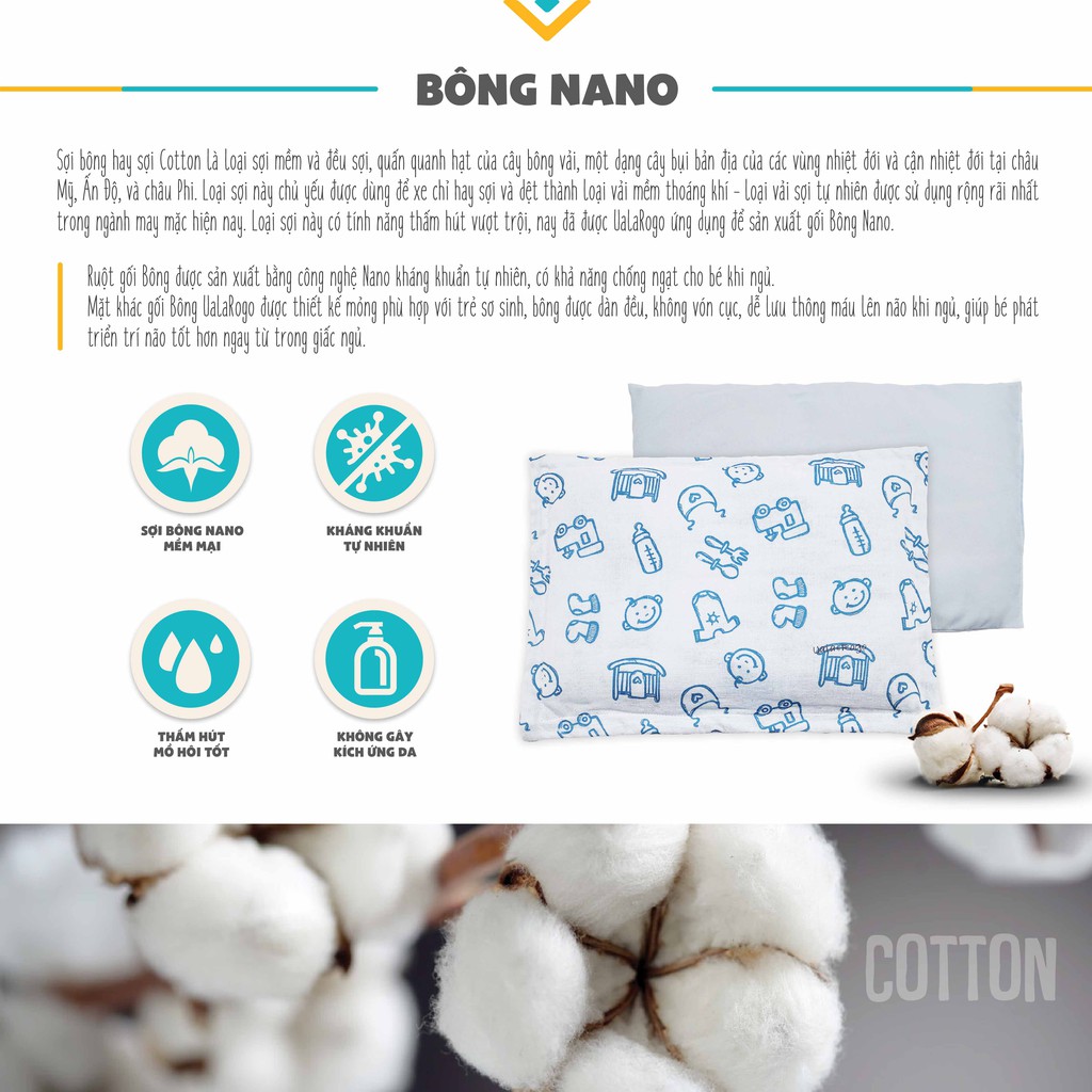 Gối Bông Nano trẻ em UalaRogo kích thước 43x29x2,5cm cotton 100% mềm mát thấm mồ hôi tốt