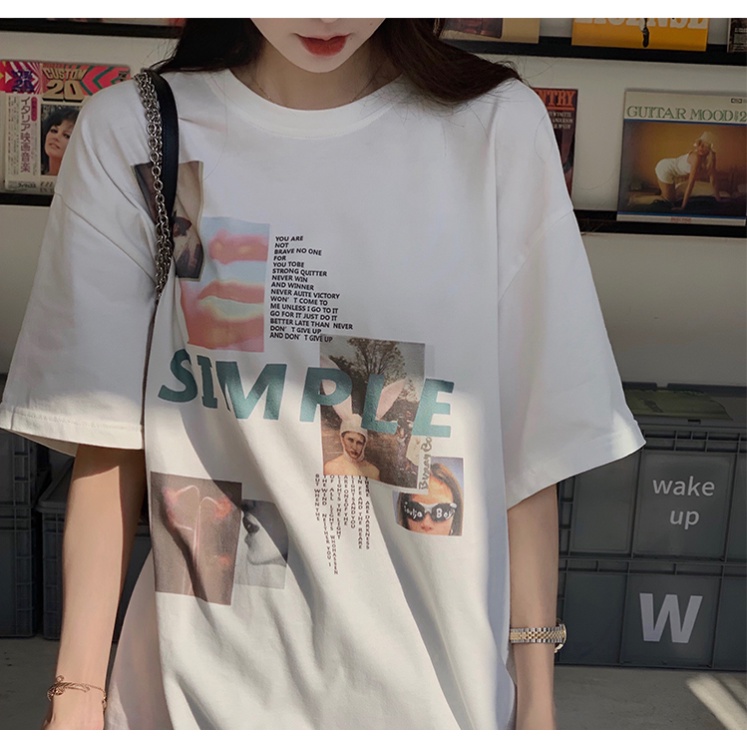 Áo Thun Tay Ngắn Cổ Tròn Hoạ Tiết In Phong Cách Hàn Quốc