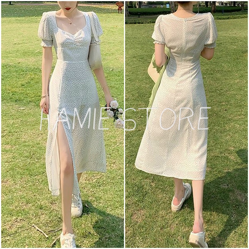 Váy maxi dáng dài xẻ đùi cổ vuông tay bồng dáng dài qua gối HV010 váy maxi dáng sexy tay bo chun xẻ đùi gợi cảm