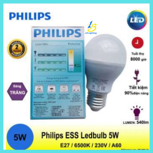 Bóng đèn led bulb búp 5W A60 E27 Philips chính hãng tiết kiệm điện, độ bền cao - Lê Bùi Lighting