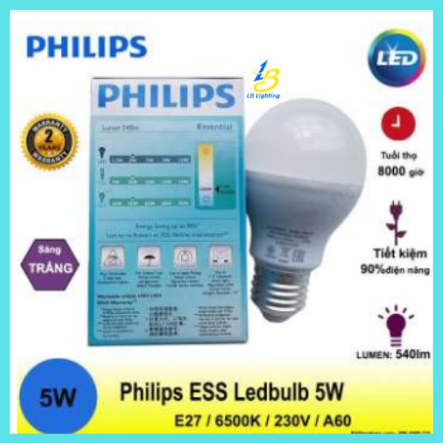 Bóng đèn led bulb búp 5W A60 E27 Philips chính hãng tiết kiệm điện, độ bền cao - Lê Bùi Lighting | BigBuy360 - bigbuy360.vn
