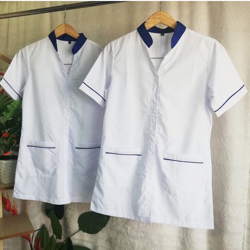 Áo blouse NAM NỮ tay ngắn cổ mao viền bích cho dược sĩ, điều dưỡng vải Kate Silk mịn đẹp