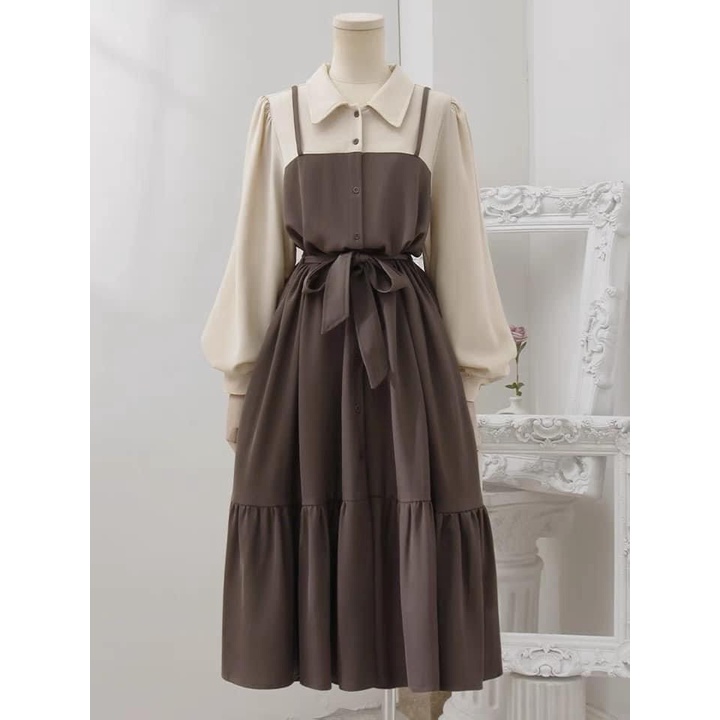 Đầm Công Sở Cổ Đức Liền yếm Màu Nâu Tây Sang Chảnh Chất Chéo Hàn Siêu Mềm Mịn Không Nhăn Đầm Dáng Dài - Soldress