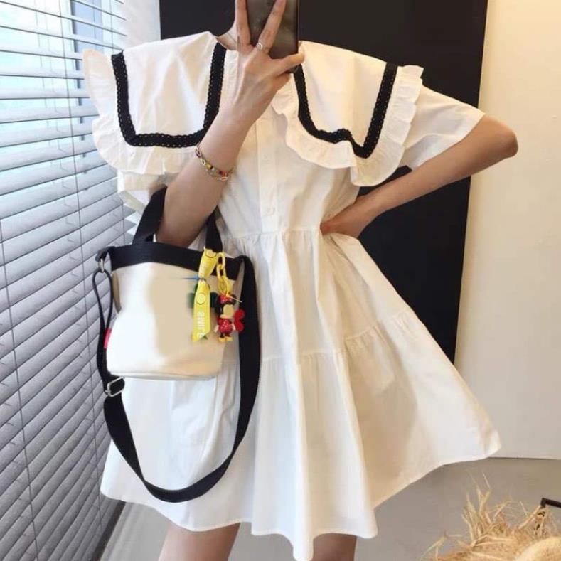 Đầm nữ bigsize babydoll phối viền bèo ống tay bo ngắn kiểu dàng xòe thời trang hè Ulzzang trẻ trung cá tính | BigBuy360 - bigbuy360.vn