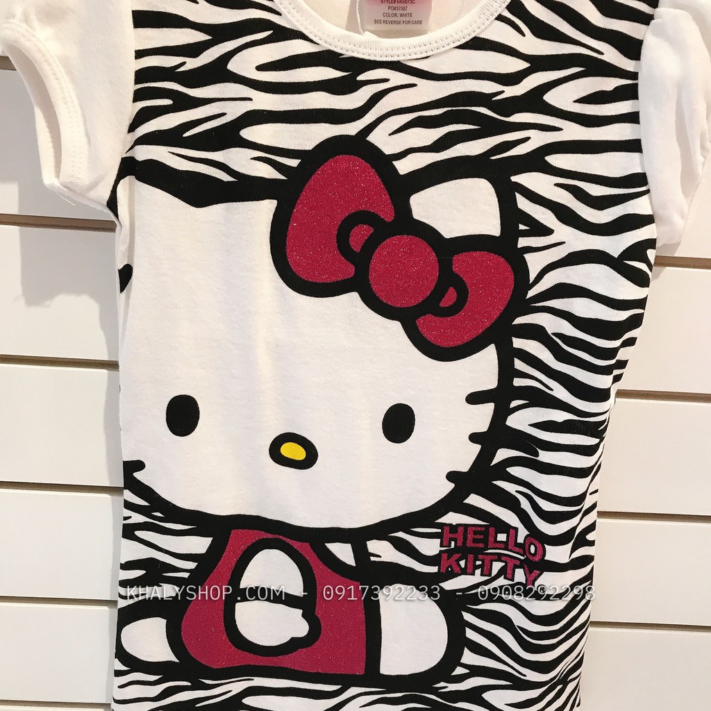 Áo thun tay ngắn trẻ em hình mèo Hello Kitty màu trắng vằn sọc đen size S (6,6X) cho bé gái (Mỹ US-UK) - ATKT06