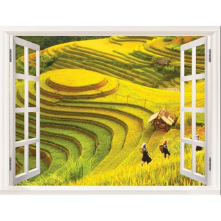 Tranh dán tường 3D cửa sổ ruộng bậc thang - VẢI LỤA  phủ kim sa (kích thước theo yêu cầu)