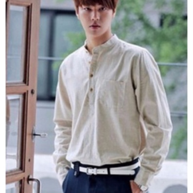 Áo sơ mi nam cổ trụ dài tay kẻ sọc trắng xanh