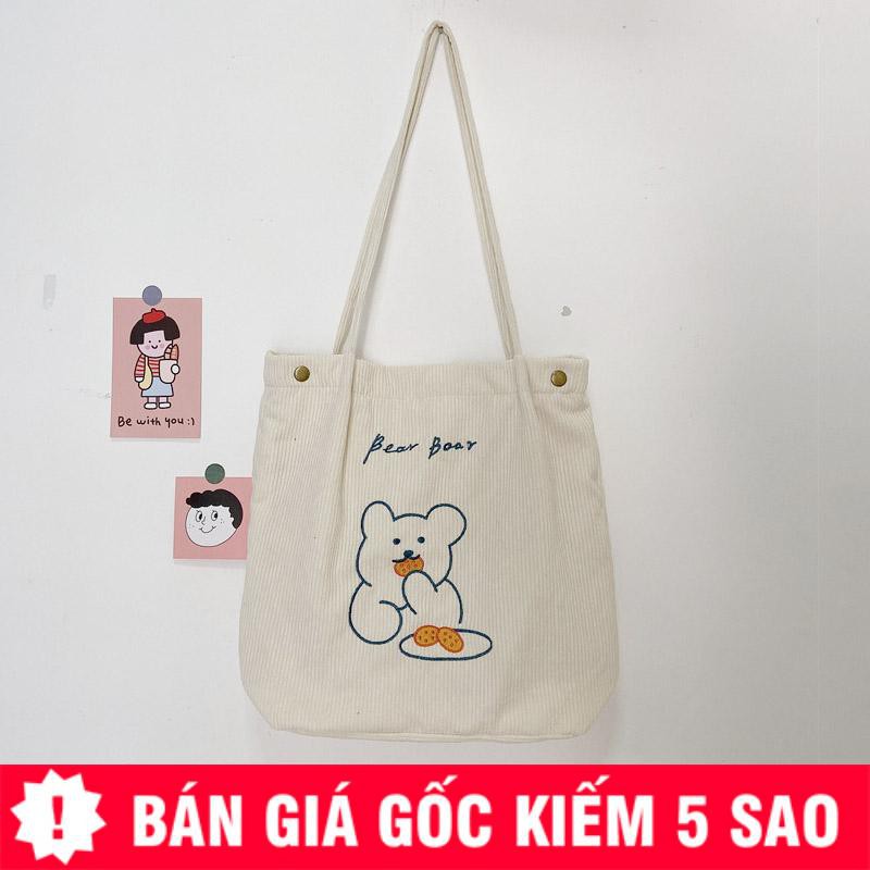 Túi Vải Tote Nhung Khuy Bấm Gấu Và Bánh Quy P1908