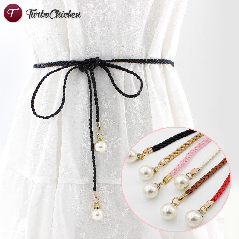 ☞Đồ trang sức☜ Women Fashion Knotted Waist Chain Dress Woven Waist Rope Female Decorative Pearl Belt