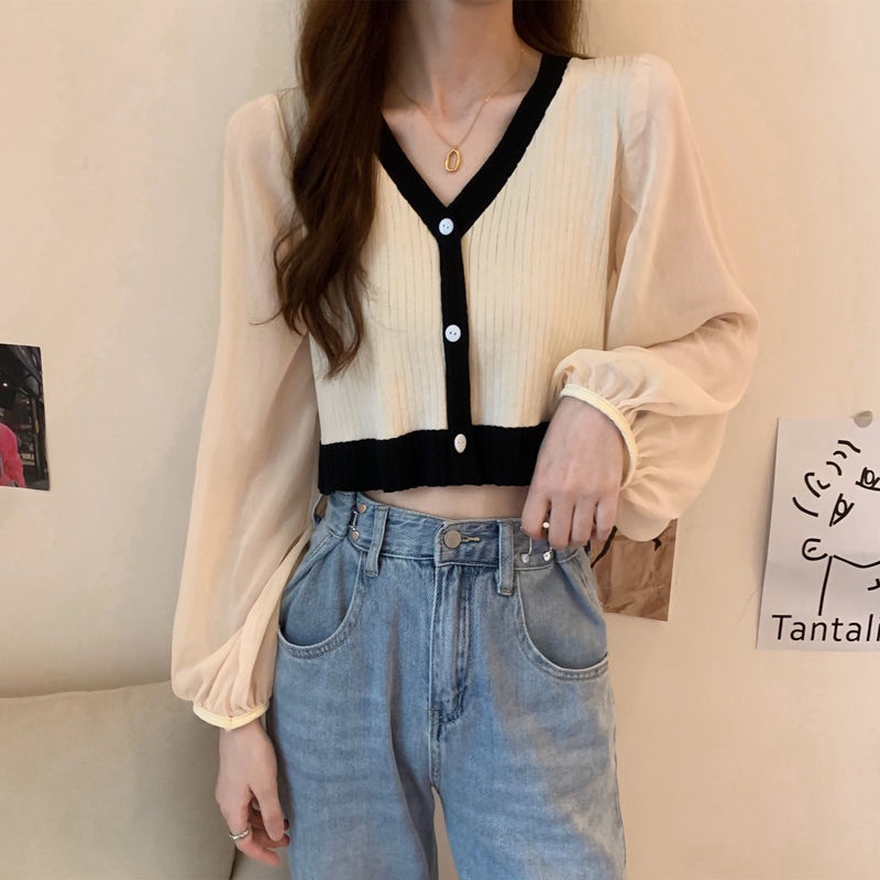 Áo bằng vải voan tay ngắn cổ chữ V thời trang Hàn Quốc cho nữ