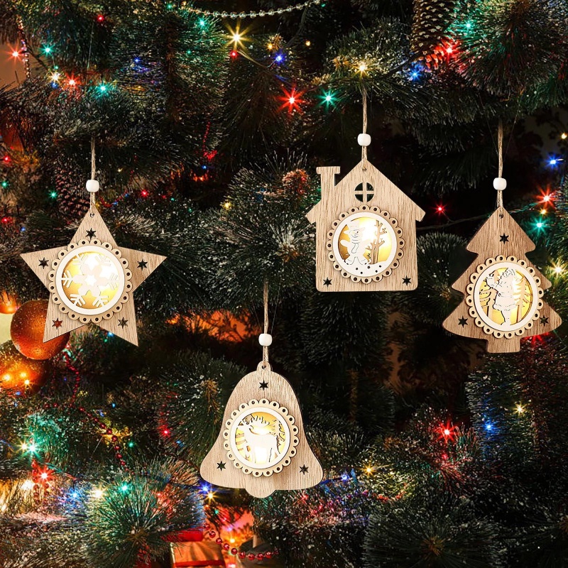 Phụ Kiện Treo Trang Trí Cây Thông Hình Ông Già Noel Tuần Lộc / Bông Tuyết Bằng Gỗ Có Đèn LED