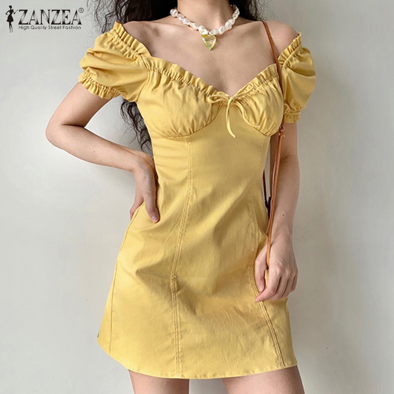 Zanzea Đầm Tay Phồng Ngắn Cổ Vuông Phong Cách Hàn Quốc Thời Trang Cho Nữ