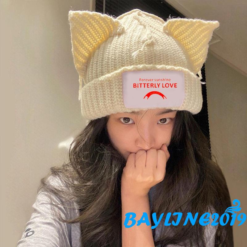 Bay-female Mũ Len Beanie Dệt Kim In Họa Tiết Chữ Tai Mèo Trang Trí Mùa Thu Đông Màu Be / Đen / Xanh Lam