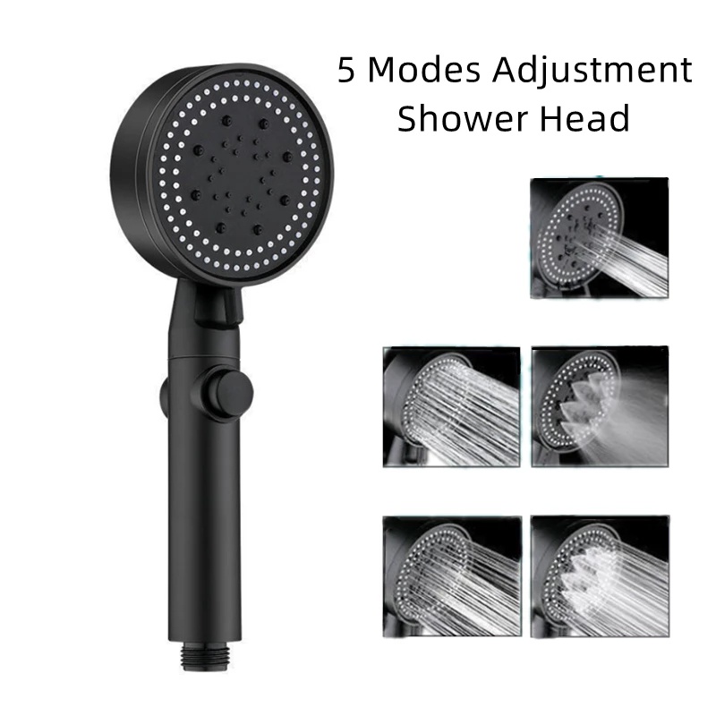 Bộ vòi sen, tay sen 5 chế độ nước phun sương màu Đen kèm dây sen  1.5m và cài dán Đen không cần khoan đục