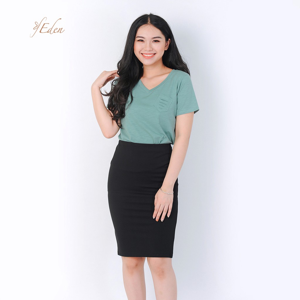 Áo thun nữ thời trang Eden, áo phông freesize cổ tim túi xéo chất liệu cotton 100% co giãn 4 chiều - AT080