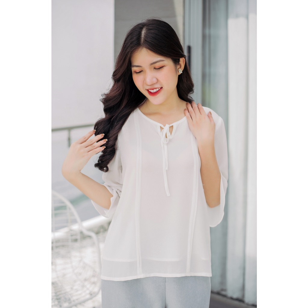 Áo somi cao cấp cổ tròn cột nơ tay lỡ trắng TTV583