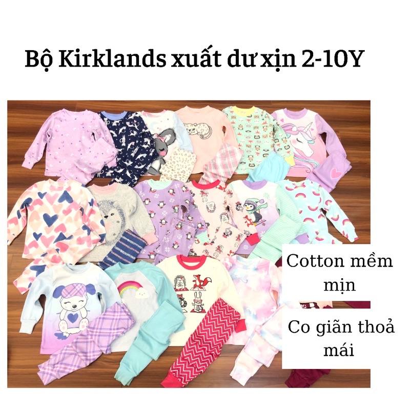 Bộ dài tay Bé Gái Kirklands thun cotton bo gấu Combodia xuất dư xịn - Đồ bộ ngủ mặc nhà thu đông