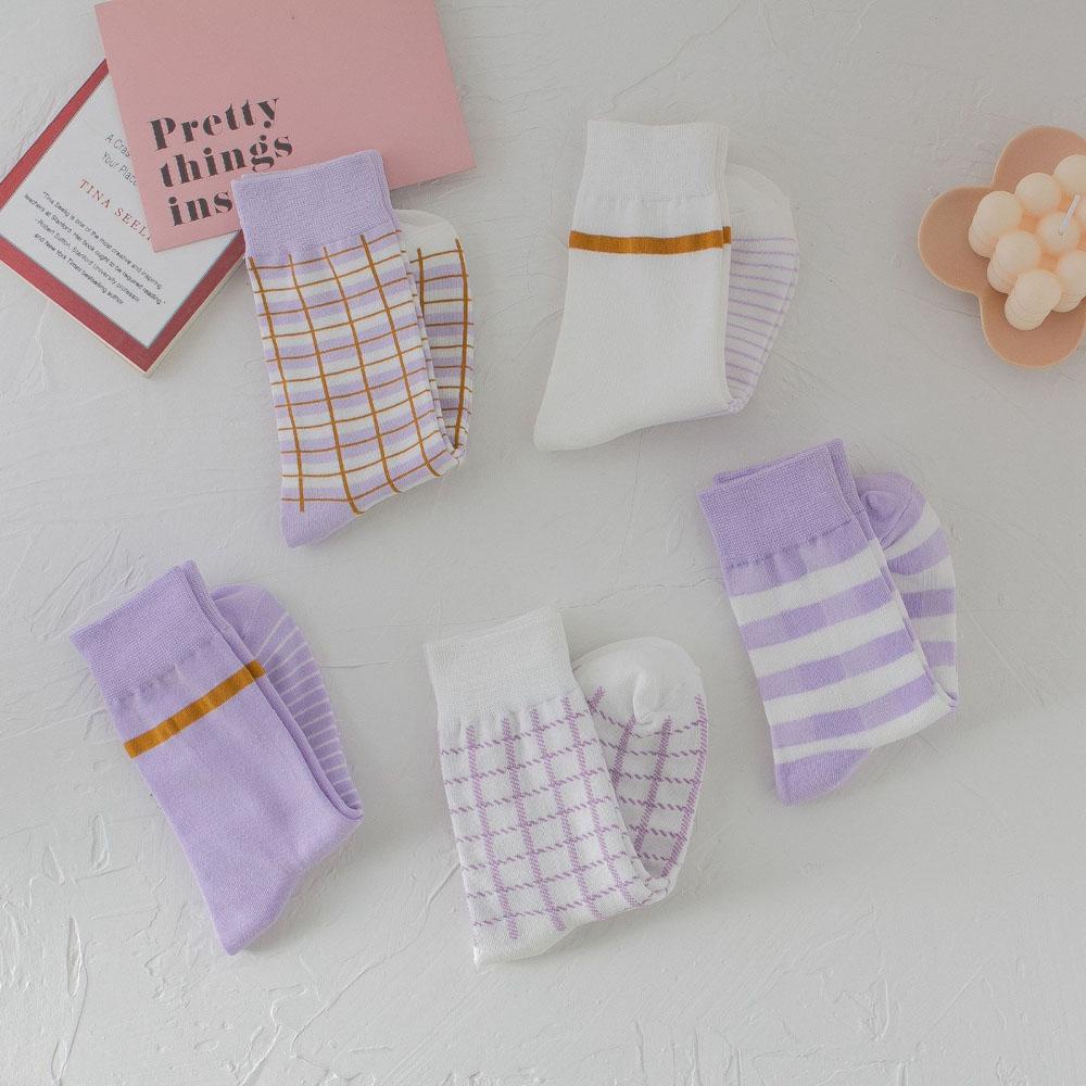 AROMA Đôi Vớ Cotton HọA TiếT Caro TíM ThờI Trang Cho Nữ