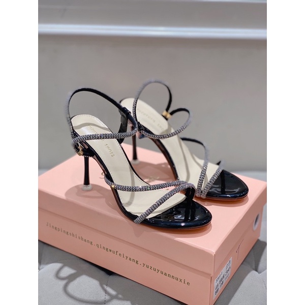 Sandal dây mãnh đính đá chéo gót nhọn blingbling