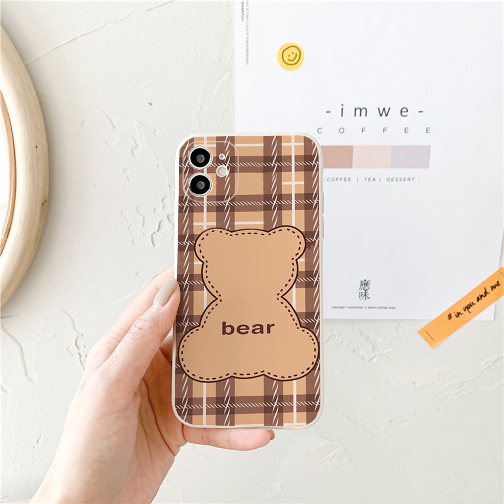 Ốp điện thoại iphone dẻo Gấu nâu caro cạnh vuông bảo vệ camera cho iphone đủ mã 6 đến 13promax e173