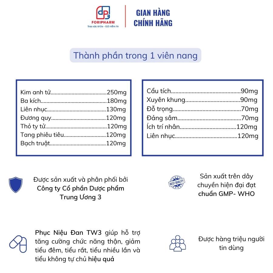 Phục Niệu Đan TW3 - Hỗ trợ giảm tiểu đêm, tiểu rắt, tiểu nhiều lần, không tự chủ - Hộp 60 viên