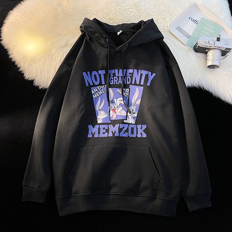 Áo khoác hoodie XINLANYASHE lông cừu bf dáng rộng có mũ trùm đầu in hoạt hình cổ điển cho nữ