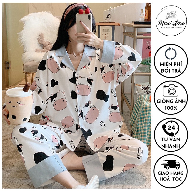 Bộ ngủ, đồ mặc ở nhà mùa thu đông Hàng Quảng Châu chất mịn đẹp hình bò sữa