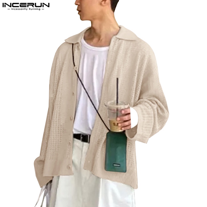 Áo sơ mi INCERUN tay dài cổ bẻ nhìn thấu cài nút hợp thời trang cho nam