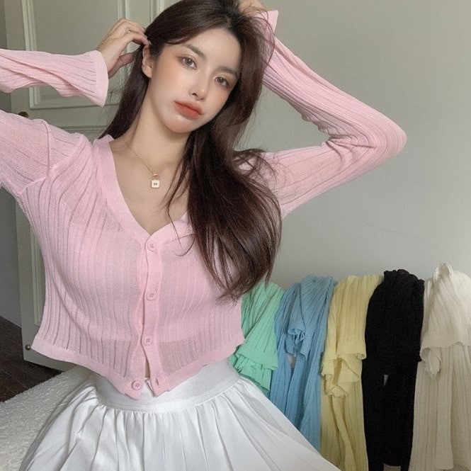 [Chào hè ⛱]Cardigan ngắn mùa hè dài tay cổ V sắc màu