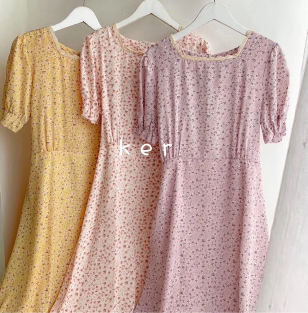 Váy hoa nhí vintage ngắn tay cổ vuông viền ren Ulzzang 🌸 Hàng Quảng Châu | BigBuy360 - bigbuy360.vn