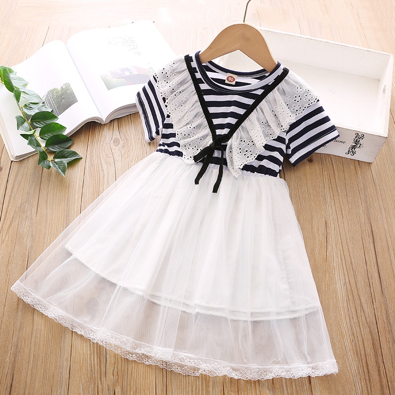 Đầm Chữ A Tay Ngắn Phối Lưới Họa Tiết Kẻ Sọc Thời Trang Mùa Hè Mới Cho Bé Gái