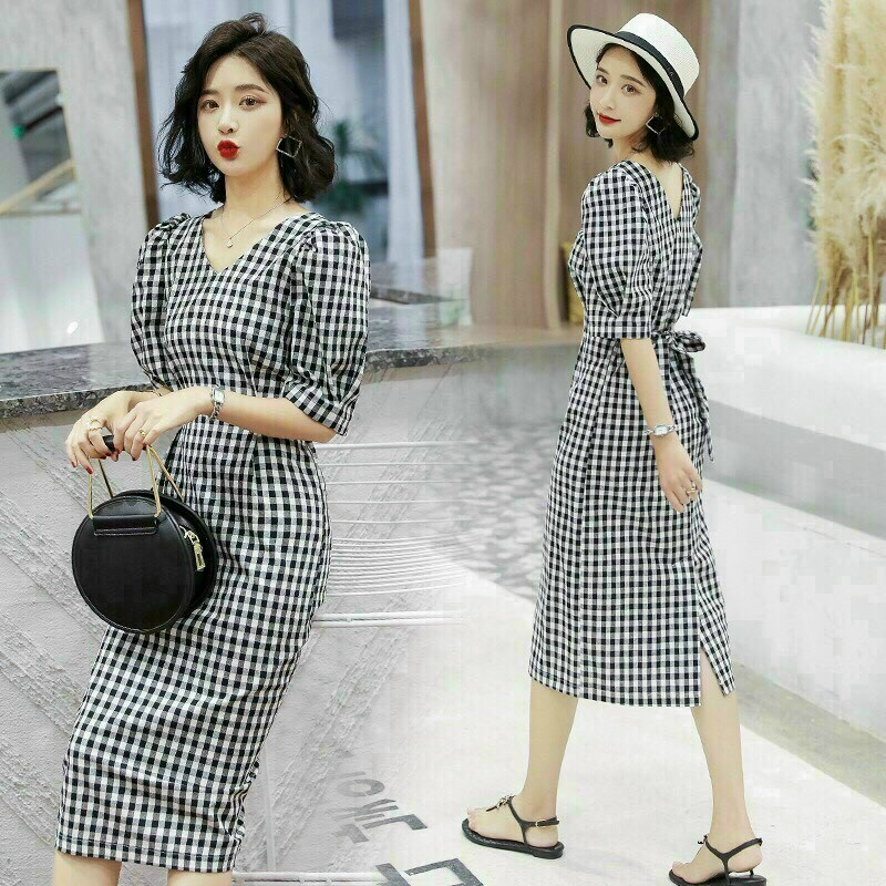 Đầm Caro Cổ V, Đầm Suông Nhẹ, Đầm Công Sở, Đầm Nữ Thời trang