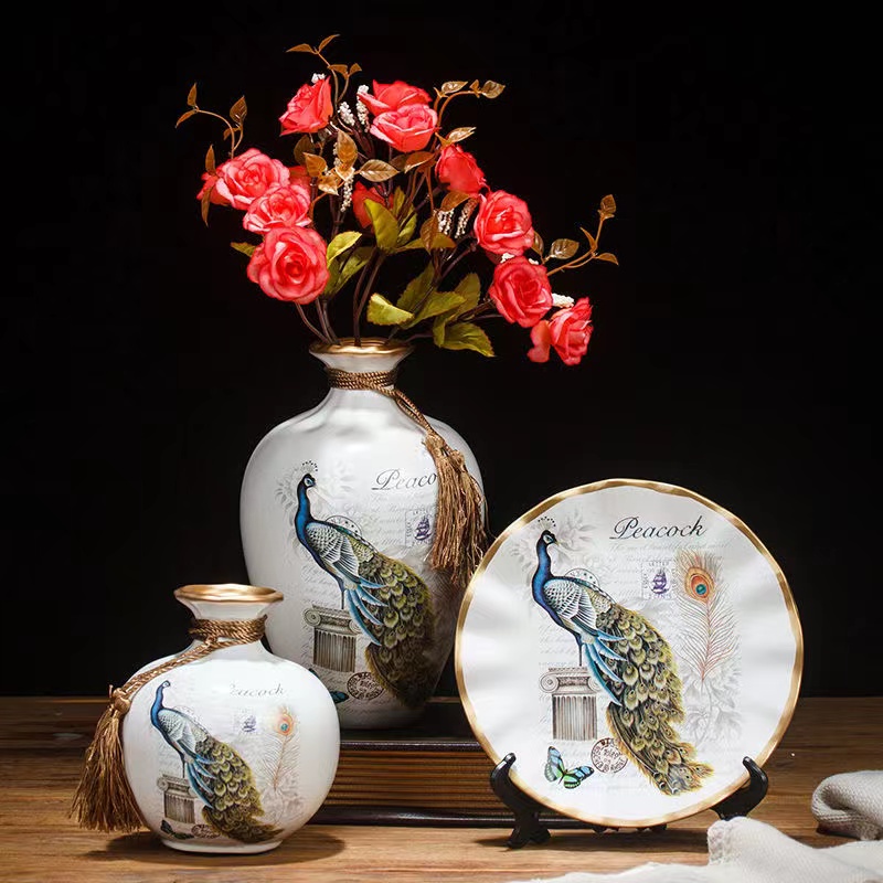 bình gốm sứ có quai cắm hoa、trang trí phòng.bộ 3 bình hoa