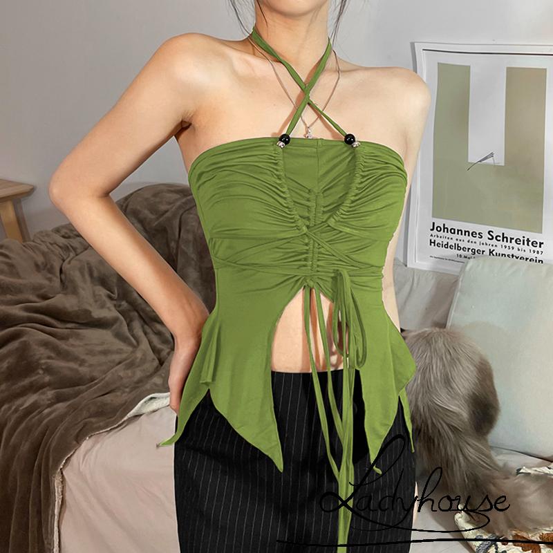 Áo Croptop Dây Rút Màu Trơn Lệch Tà Thời Trang Mùa Hè Dành Cho Nữ