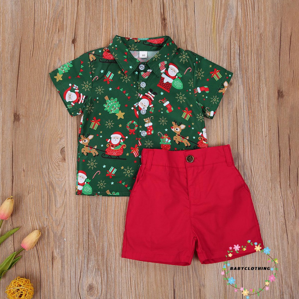 Set 2 Món Áo Sơ Mi Tay Ngắn Phối Quần Short Phong Cách Giáng Sinh Cho Bé Trai
