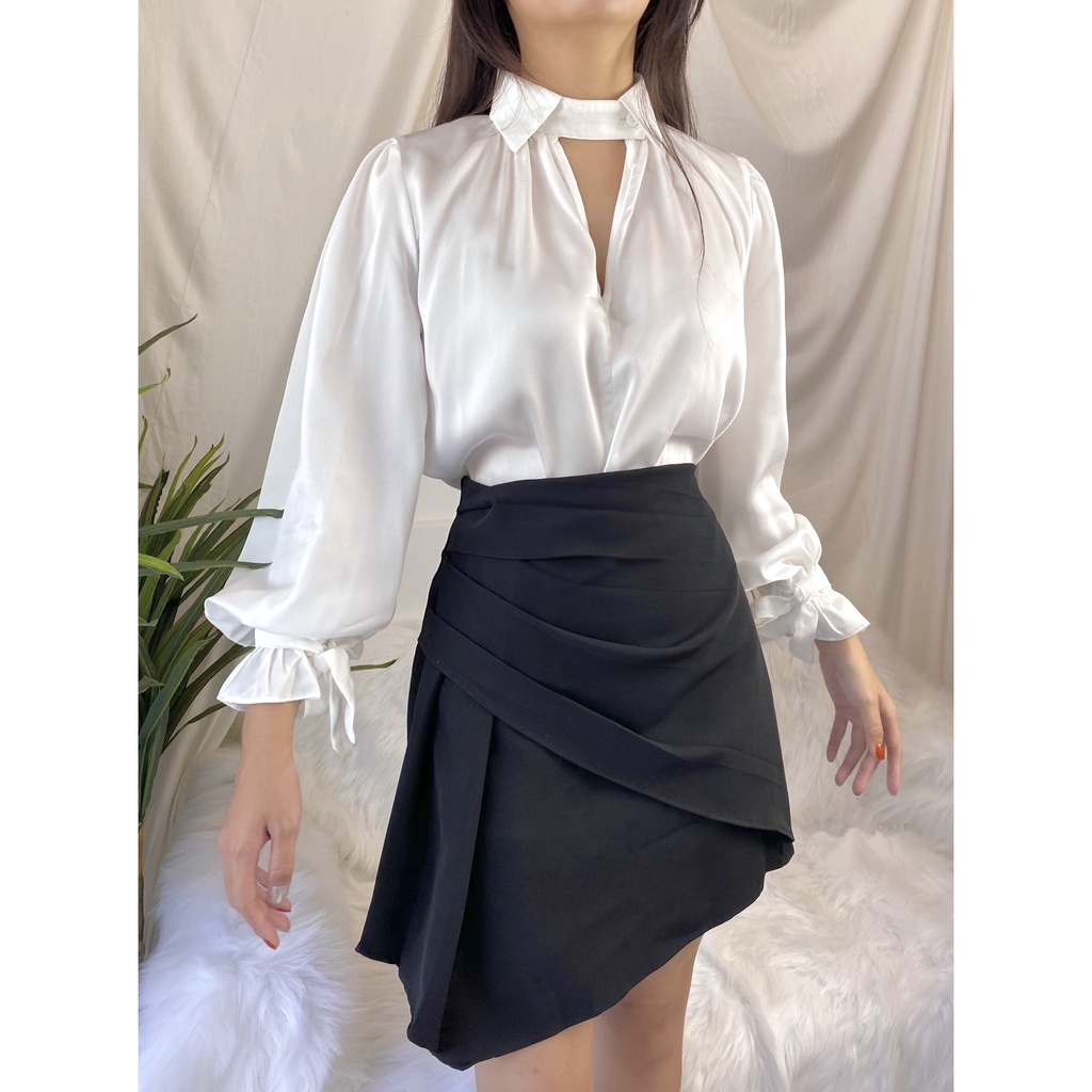 Áo sơ mi trắng công sở, chân váy ngắn xếp, áo lụa, áo sơmi kiểu tay dài, đi làm, chân váy chữ A, set áo mix váy tiểu thư | BigBuy360 - bigbuy360.vn