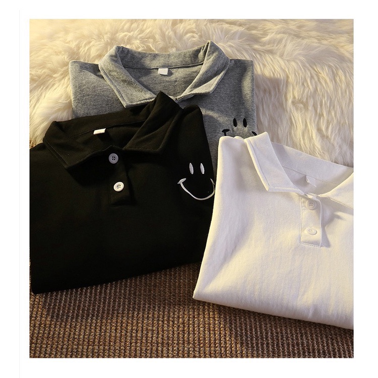 Áo polo nam nữ đều mặc được, thêu  SMILE là điểm nhấn, gồm 3 màu đen trắng xám chất cotton