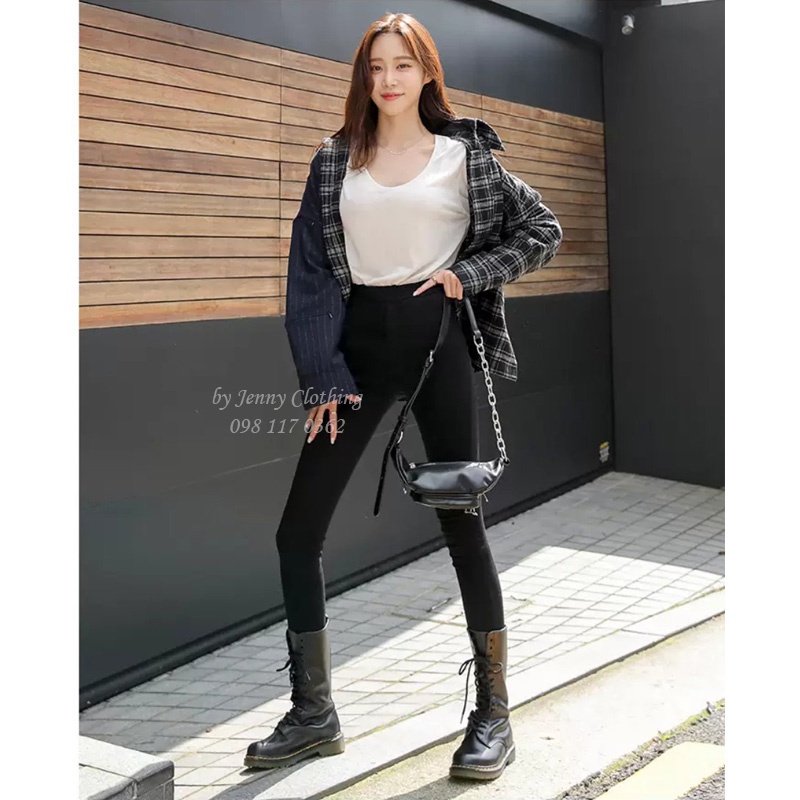 Quần legging nữ cạp cao dài 1 khuy gen bụng nâng mông chất Umi Hàn Cao Cấp co dãn màu đen có túi mặc đi làm học đẹp