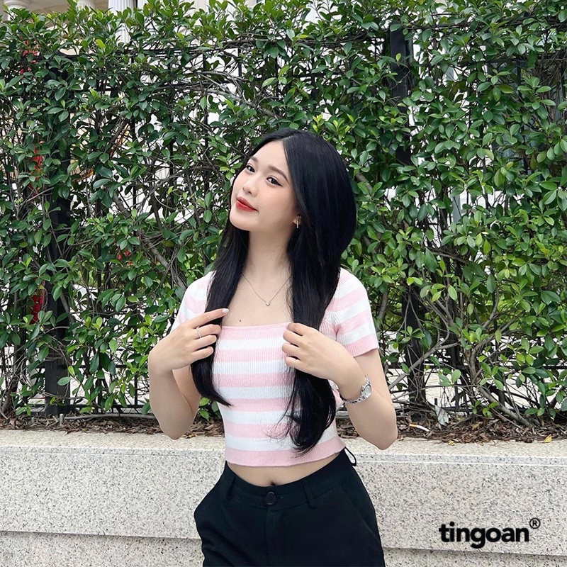 TINGOAN® Áo len crop lửng ngắn tay cổ vuông kẻ trắng hồng BORA BORA TOP/PK phiên bản mới nhất cuối tháng  7.2023