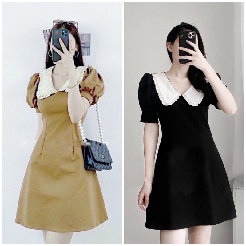 Đầm phối cổ bèo trắng 2 màu (kèm hình thật)