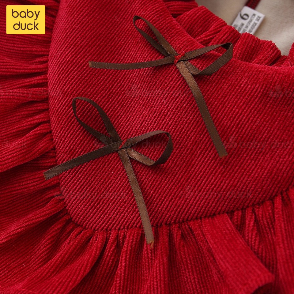 Áo váy dạng xòe, dây buộc 2 nơ bé ở ngực, chất nỉ nhung siêu ấm cho bé có lót nỉ/cotton, quần áo trẻ em