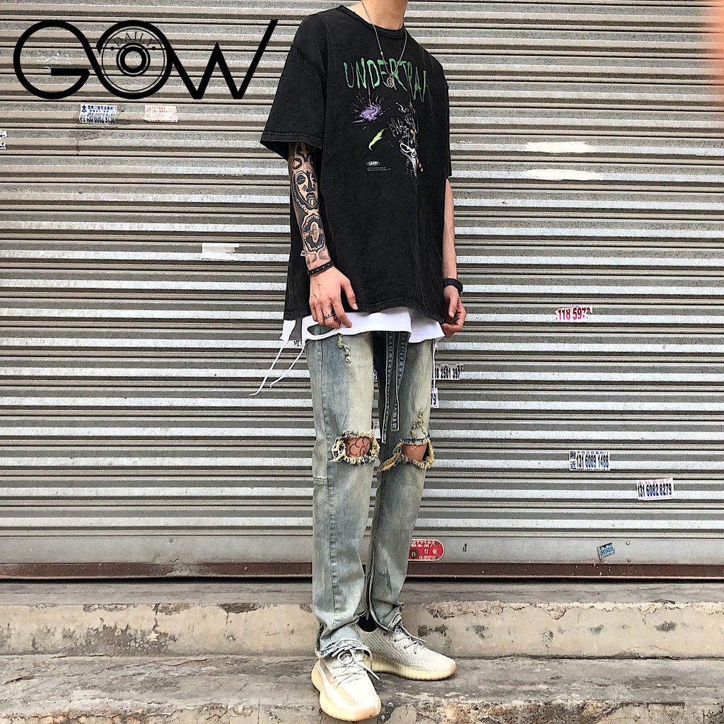 Quần jean nam Gowdaily phong cách streetwear có zipper rách gối kèm dây Drawstring Xanh D396 | BigBuy360 - bigbuy360.vn