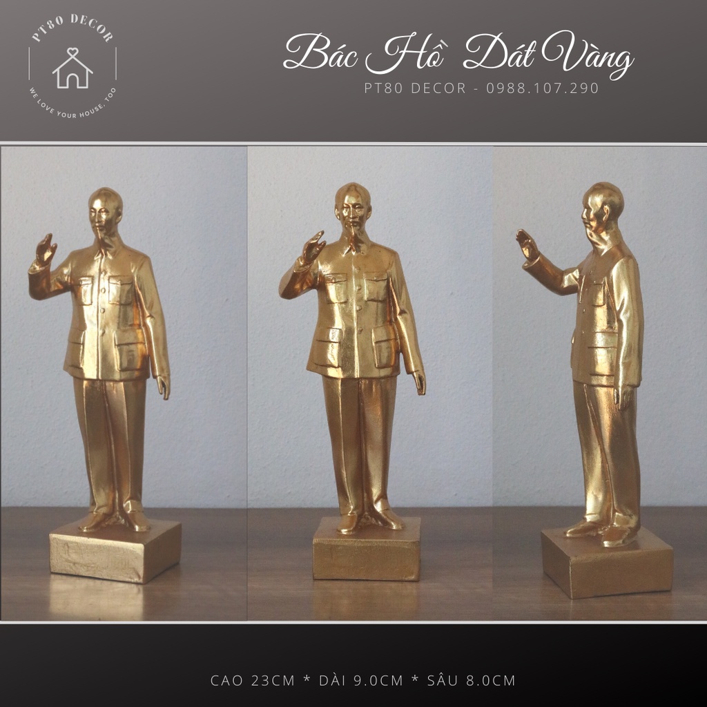 Tượng Bác Hồ Đứng Tay Vẫy Chào PT80 Decor Dát Vàng thủ công trên Đá Đúc Nguyên Khối Cao 23cm