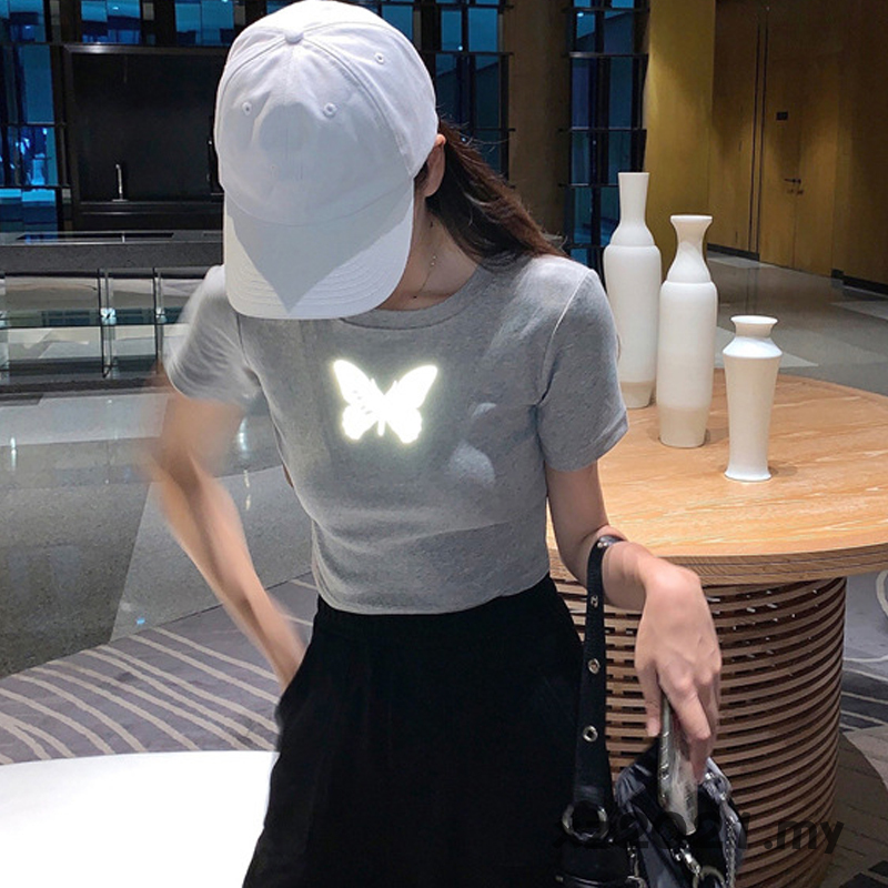 Áo Crop Top Nữ In Hình Bướm Màu Trắng Đen