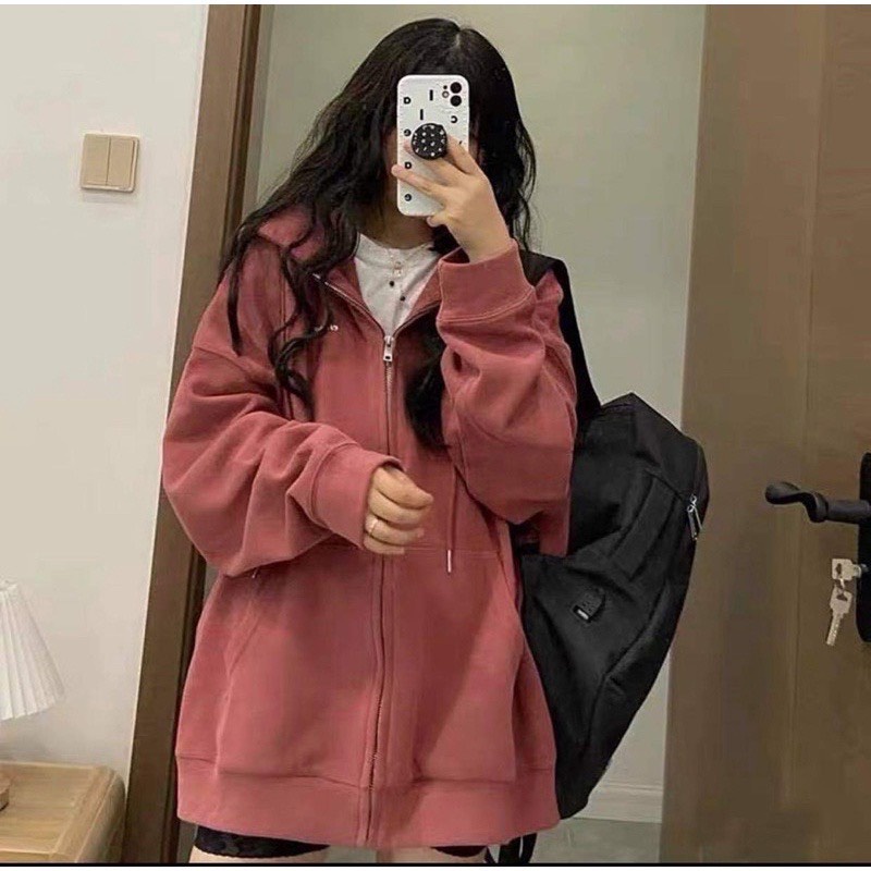 Áo Khoác Nỉ Hoodie Màu Đỏ Gạch Trơn Tay Bồng Nam Nữ Dáng Rộng Unisex Phong Cách Hàn Quốc