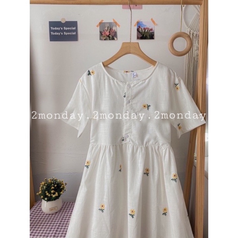 [Ảnh thật/Video] Đầm váy hoa cúc vàng tay bồng lụa hàn mềm mịn xinh