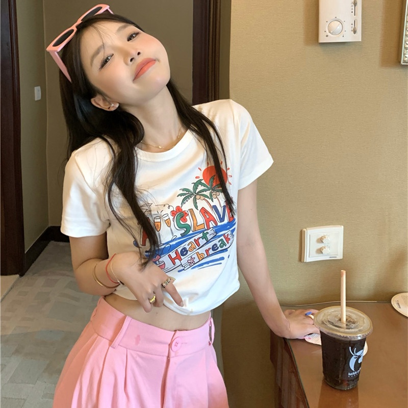 Áo Thun Tay Ngắn Cổ Tròn Dáng Ôm Dễ Thương Thời Trang Mùa Hè Cho Nữ