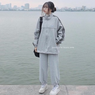 Bộ thể thao rót xám, bộ thể thao nỉ 3 sọc form thụng, chất nỉ cotton