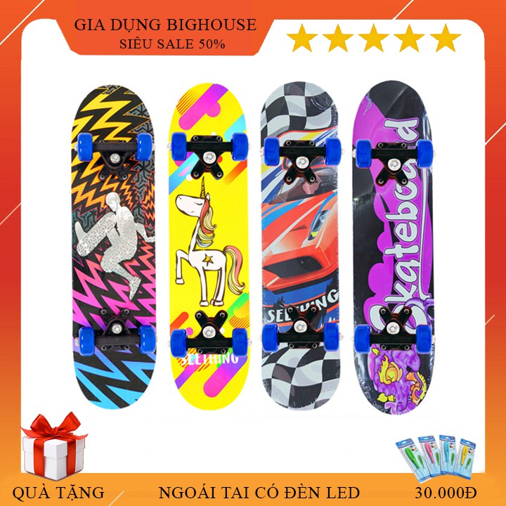 Ván trượt trẻ em Skateboard cao cấp làm từ gỗ ép 8 lớp, bánh xe PU chất lượng cao, in hình đang yêu giành cho bé