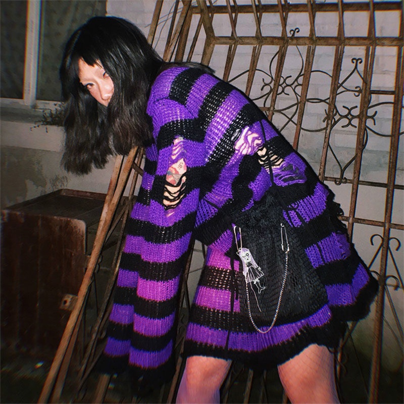 Áo sweater dệt kim tay dài họa tiết kẻ sọc phong cách gothic Harajuku bụi bặm thời trang mùa thu dành cho nữ